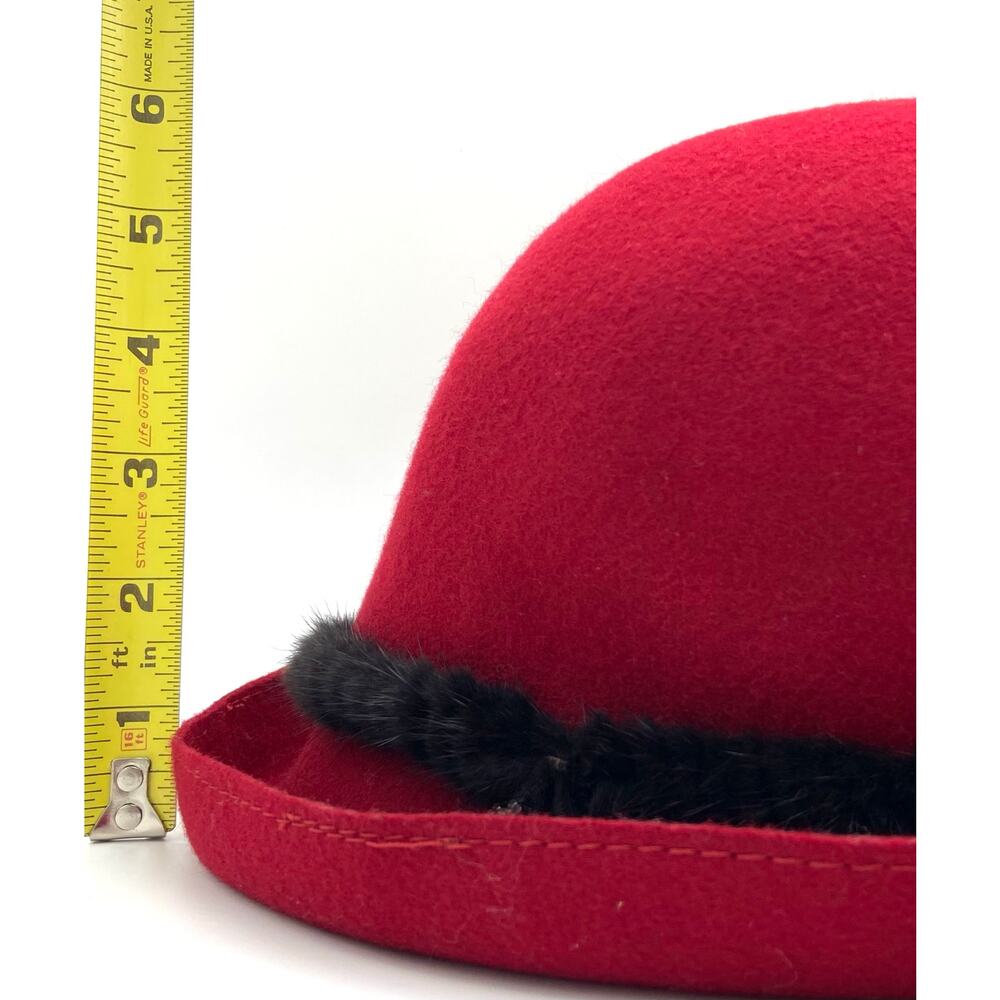 Vintage Liz Claiborne Red Wool Cloche Hat with Mink Fur Trim and Beaded Accent - Picture 11 of 14